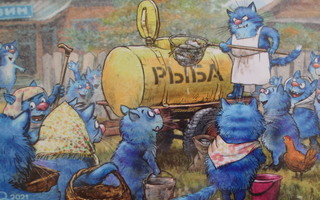 Irina Zeniuk sininen kissa tarjoilee kaloja tankista