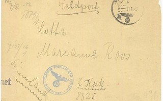 1942 kirje Saksan kenttäpostista Suomen kp-osoitteeseen