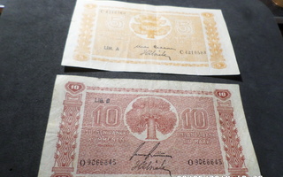 5  ja 10  mk setelit  vuodelta 1945 kulkeneet     kl 4-5