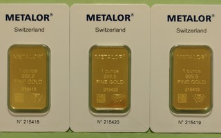 3 kpl 1 unssi (31,1 g) 9999 kulta laattaa, Metalor Sveitsi.