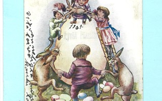 Vanha kortti: Jänikset ja lapset leikeissä, 1909
