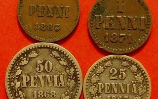 25 penniä 1867 ja 50 penniä 1868 ja 1 penni 1871, 1883 (KD8)