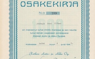 1947 Kotkan Auto- ja Akku Oy, Kotka osakekirja