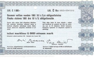 OKK Suomen valtio 2.1.1981 obligaatio 10,25% Litt C 1000 mk