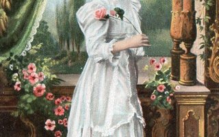 Vanha postikortti- kauniisti pukeutunut nainen