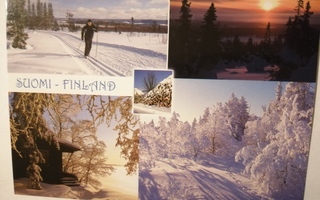 Suomi. Lumi, hiihto, auringonlasku, mökki