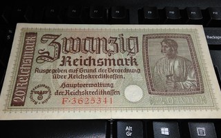 Natsi Saksa 20 RM Hakaristi seteli 1940-45 PR139 sn341