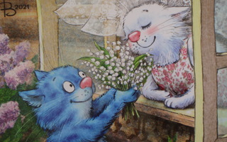 Irina Zeniuk sininen kissa ojentaa kielokimpun ystävälle