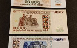 Belarus 20000, 50000, 100000 Rubles 1994-96, P13-P15, UNC