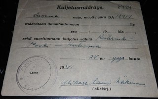 Kuljetusmääräys Kutisma-Peski-Kutisma 1941 PK900/18