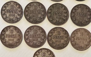 10 penniä 1865, 1866, 1900, 1905 , 1908, 1912, 1914, 1916,