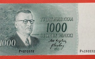 1000 mk markkaa 1955, kevyt keskitaite, hyvä, kunto 8. (KD5)