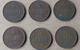 5 penniä 1916 - 6 kpl