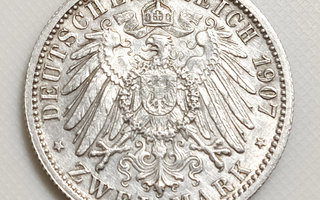 Saksa, Wuerttemberg 2 Mark 1907, Wilhelm II, Hopeakolikko