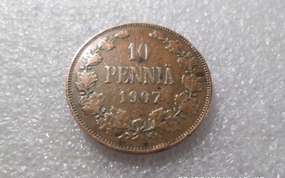 10 penniä  1907  kuparia  siistikuntoinen    kl   6-7