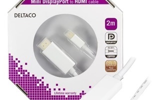 Deltaco Mini DisplayPort uros - HDMI uros, 2m, valk. *UUSI*