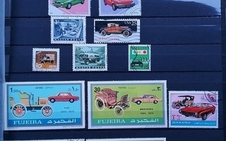 21 auto postimerkkiä mm. bussi Citroen Mercedes