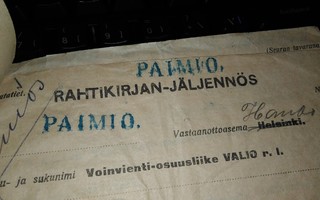 VR Paimio (sin) Asemaleima Rahtikirja 6kpl 1923 PK140/8