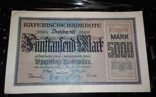 Saksa 5000 Mark 1922 Bavaria Munich Bayerische Notenbank