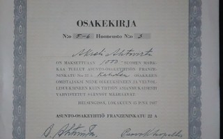 Asunto Oy Franzeninkatu 22 A Osakekirja 1000mk 1937