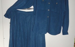 Vintage; sininen 2-os. mekko, hame/paita, koko 42