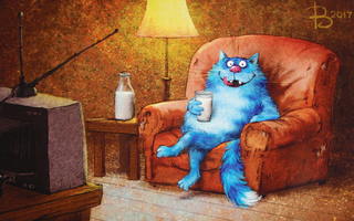 Irina Zeniuk siniselle kissalle maistuu lasillinen maitoa