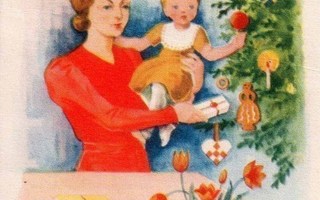 ÄITI / Nuori äiti ja lapsi joulukuusen luona. 1940-l.