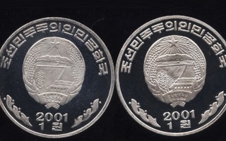 Pohjois Korea 1 won erä 4 erilaista 1997, 2001, 2002
