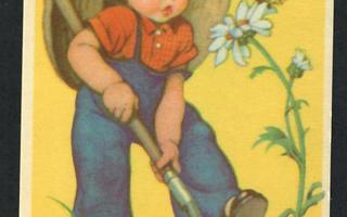Lapsi - Pieni puutarhuripoika - Kortti 1940-50-luvulta