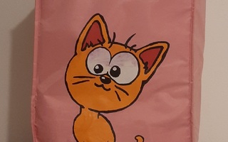 Vaaleanpunainen kangaskori kissan kuvalla