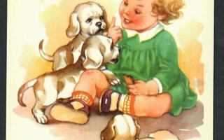 Lapsi - Tyttö ja koiranpennut - Kortti 1940-50-luvulta