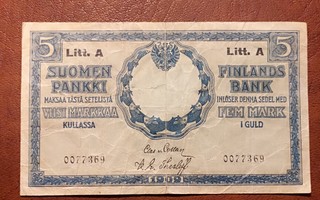 5 markkaa v 1909 Litt. A, alkupäästä 007....