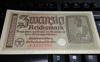 Natsi Saksa 20 RM Hakaristi seteli 1940-45 PR139 sn880