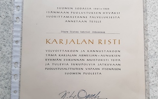 Luovutuspaperi Karjalan Risti 1941-45 hyväkuntoinen