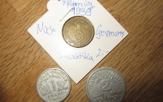 Nazi-Saksan 10 Pfennig 1939, 1 Fr + 2 Fr 1942 État Francais