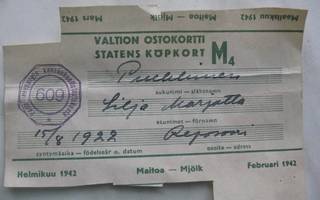 VALTION OSTOKORTTI M4 MAALISKUU 1942