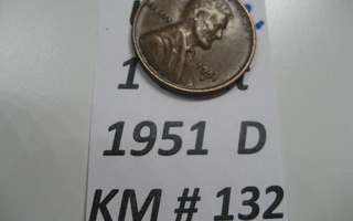 U.S.A   1 Cent 1951  D  KM # 132  Pronssi  "Lincoln - Wheat