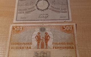 100 ja 500 Mk 1909 Kansanvaltuuskunta KL 3 ja 4 (H)