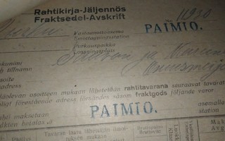 VR Paimio Asemaleima Rahtikirja 2kpl 1929 PK140/8