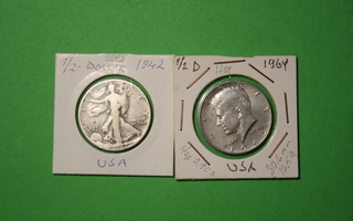 Hopeiset USA:n 1/2 Dollarin kolikot 1942 ja 1964