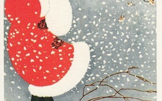 Talvimuotia, nainen ja linnut (postikortti)