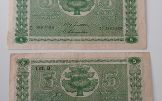 5 markkaa 1939 Litt D, 2 kpl.