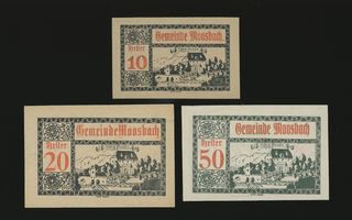 Itävalta Notgeld 10, 20, 50 Heller, Moosbach 1920