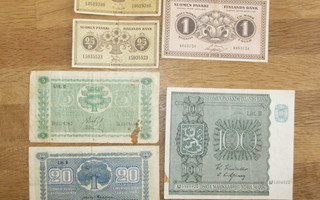 6 kpl Suomi markka seteleitä 1918 - 1939 - 1945