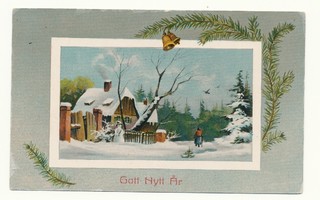 Talvimaisema vanhassa joulukortissa