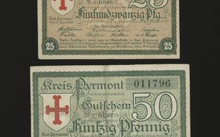 Saksa Notgeld 25, 50 Pfg, Pyrmont 1919 VF