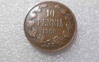 10 penniä   1908  siistikuntoinen    kl  6-7