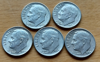 USA, Roosevelt Silver Dime 1964, 5 kpl