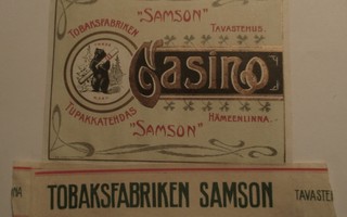 TUPAKKA ETIKETTI  - CASINO TUPAKKATEHDAS SAMSON HÄMEEN (AB8)