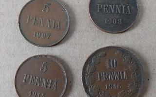 5 penniä 1907 1908 ja 1915 sekä 10 penniä 1916